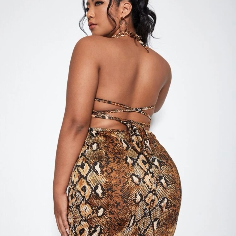 Plus Snakeskin Criss Cross Back Halter dress